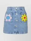 Moschino Denim Skirt With Belt Loops And Floral Applique