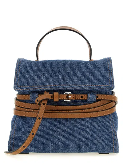 Moschino Denim Tie Me Small Satchel In Blue