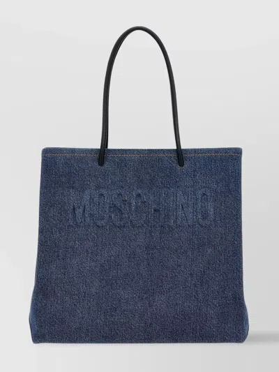 Moschino Denim Tote Bag With Dual Handles And Detachable Strap In Blue