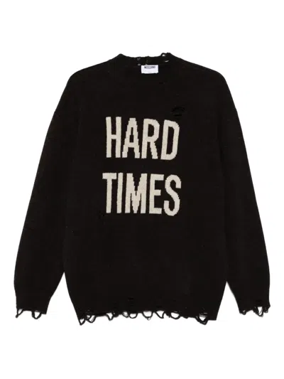 Moschino Distressed Crew-neck Sweater In Black