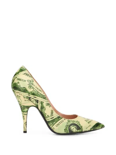 Moschino Dollar-print Pointed-toe Pumps In Green