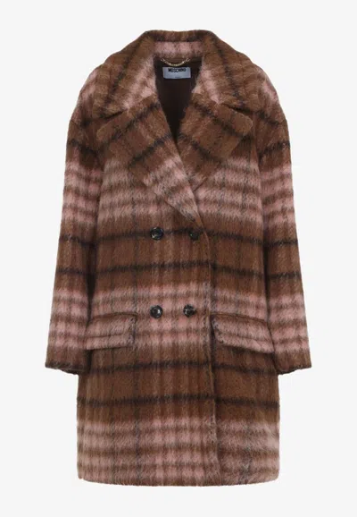 Moschino Double-breasted Faux Fur Checked Coat In Brown