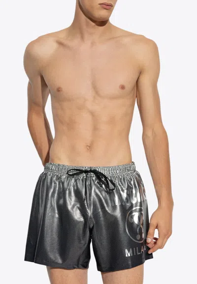 Moschino Double Question Mark Laminated Swim Shorts In Silver