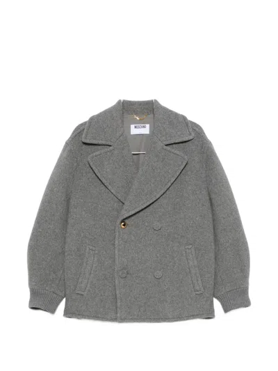 Moschino Double-breasted Heart-motif Wool Jacket In Gray
