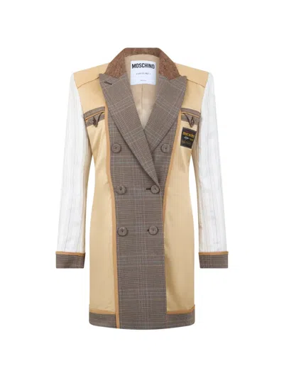 Moschino Double-breasted Patchwork Coat In Brown