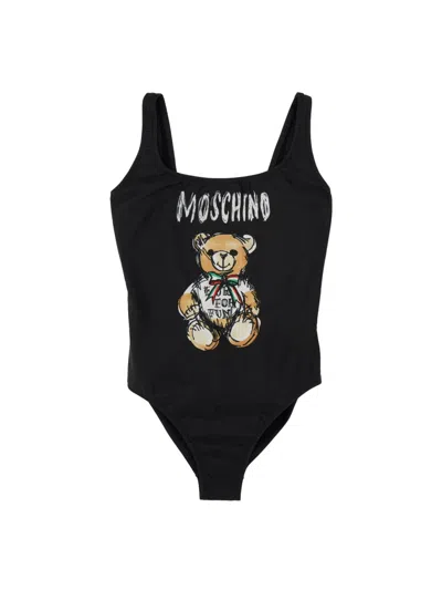 Moschino Drawn Teddy Bear One-piece Swimsuit In Fantasia Nero