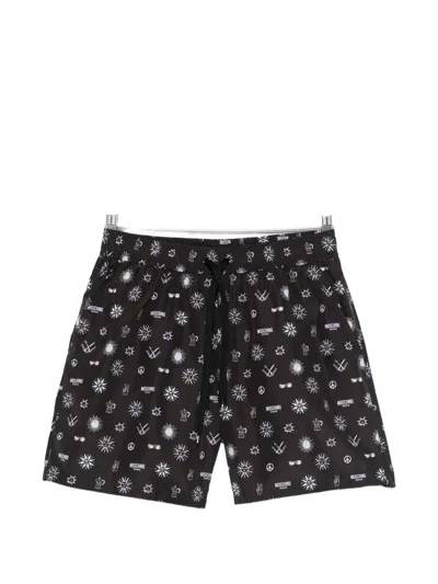 Moschino Drawstring Print Swim Shorts In Black