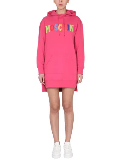 Moschino Dress With Multicolor Flocked Logo In Animal Print
