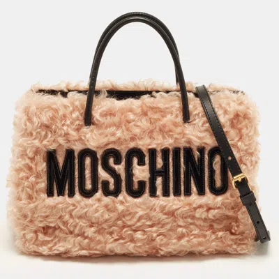 Pre-owned Moschino East/west Mohair Peach/black Shearling Fur And Leather Tote In Orange
