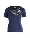 Moschino Embellished Knit Top In Navy Blue Wool In Blue