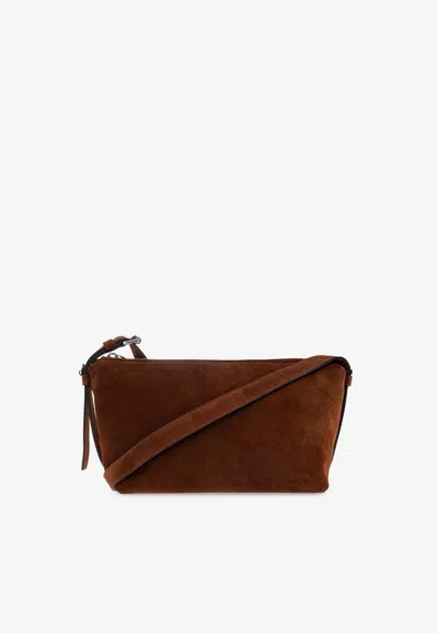 Moschino Embossed Logo Suede Shoulder Bag In Brown