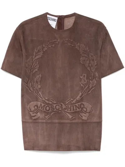 Moschino Embossed-motif Suede T-shirt In Brown