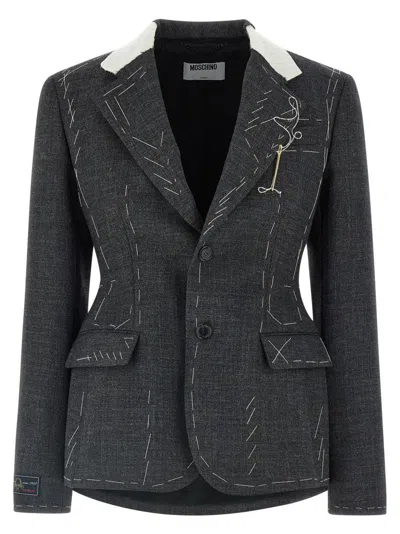 Moschino Embroidered Wool Canvas Jacket With Notch Lapel In Gray