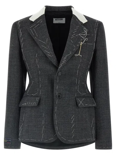 Moschino Embroidered Canvas Blazer In Gray