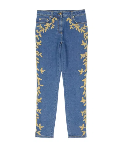 Moschino Embroidered Denim Trousers In Blue