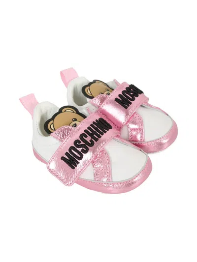Moschino Kids' Embroidered Leather Sneakers In Multi