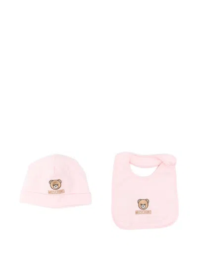 Moschino Babies' Embroidered-logo Bib And Hat Set In Pink
