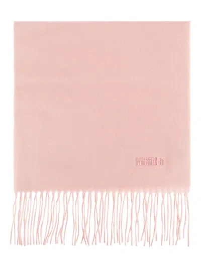 Moschino Embroidered-logo Fringed Scarf In Pink