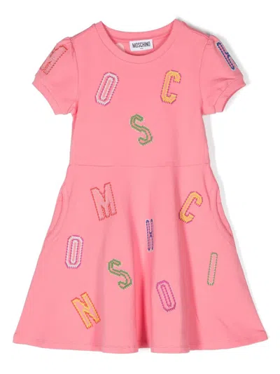 Moschino Kids' Embroidered-logo Lettering Flared Dress In Blue