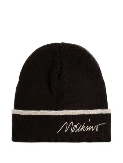 Moschino Embroidered-logo Ribbed Beanie Hat In Brown