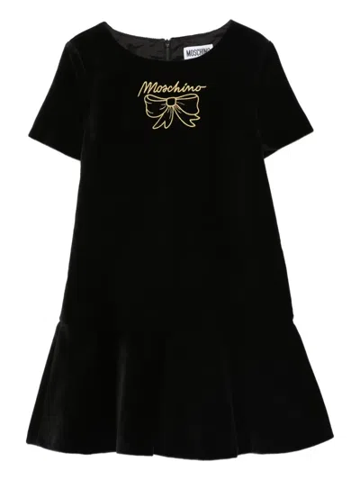 Moschino Kids' Embroidered-logo Velvet Dress In Black