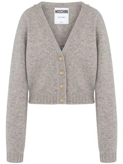 Moschino Embroidered Slogan Virgin Wool Cardigan In Grey