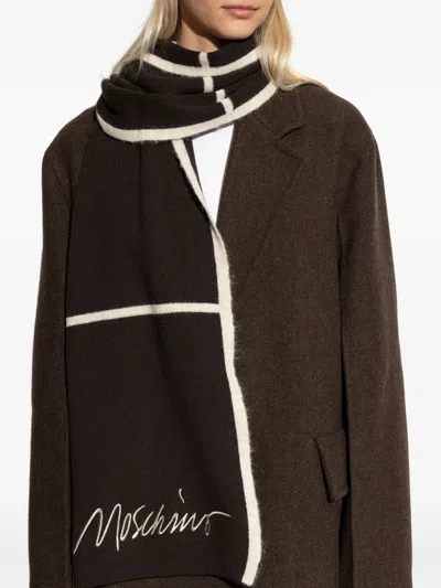 Moschino Embroidered Striped Wool-blend Scarf In Brown