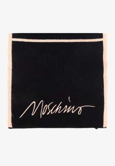 Moschino Embroidered-striped Wool-blend Scarf In Black