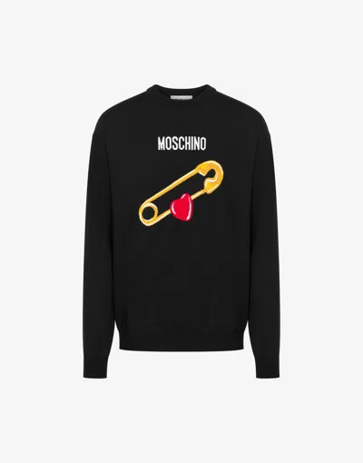 Moschino Extra-fine Merino Wool Pullover Heart Safety Pin In Black
