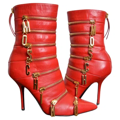 Pre-owned Moschino Fabulous Vintage Red Leather  Gold Letter Pointed Stiletto Ankle Boots