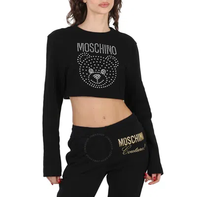 Moschino Fantasy Print Black Crystal Teddy Cropped Cotton Sweatshirt