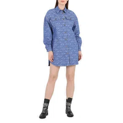 Pre-owned Moschino Fantasy Print Blue Logo Long-sleeve Shirt Dress, Size 38 (us Sz 4) In Multicolor