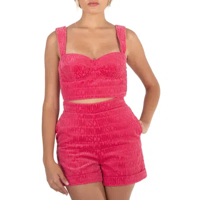 Moschino Fantasy Print Fucsia All-over Logo Crop Top In Pink