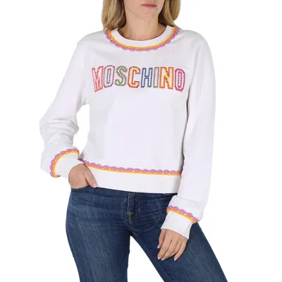 Moschino Fantasy Print White Crochet Details Cotton Sweatshirt