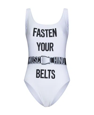 Moschino Fasten Your Belts Graphic-print Swimsuit In White