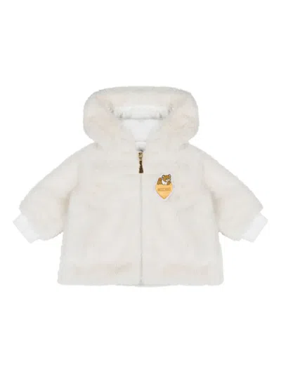 Moschino Babies' Faux-fur Hooded Jacket In White