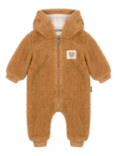 Moschino Babies' Faux-fur Hooded Jumpsuit In Brown