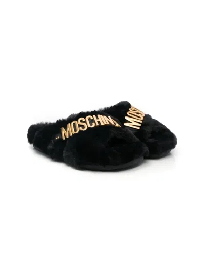 Moschino Kids' Faux-fur Slip-on Sandals In Black