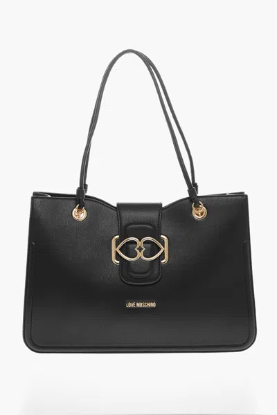 Moschino Love  Faux Leather Tote Bag With Golden Closure In Black