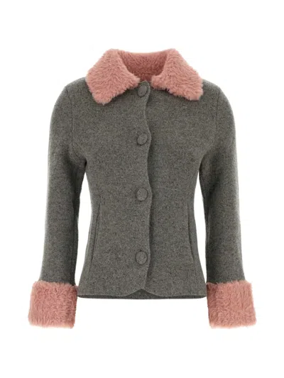 Moschino Wool Blend Cardigan Contrast Cuffs Faux Collar In Gray