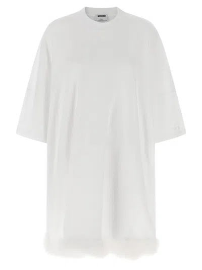 Moschino Feather Dress Fur Trim Round Neckline In White