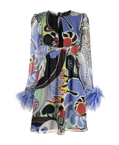 Moschino Feather-embellished Cutout Printed Chiffon Mini Dress In Multi
