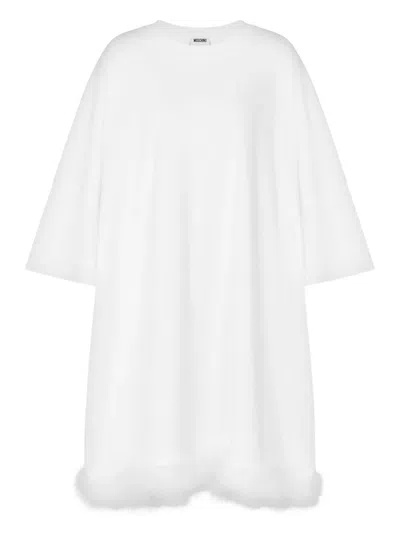 Moschino Feather-trim Short-sleeve Dress In White