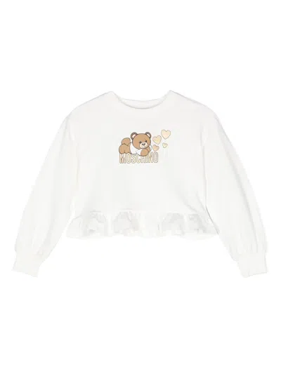 Moschino Kids' Felpa Con Rouches E Stampa Teddy Bear In White