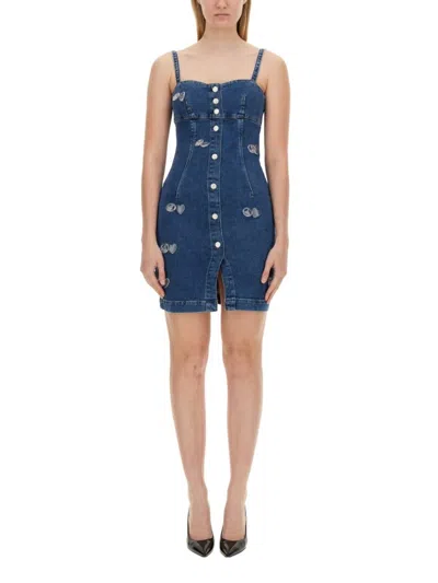 Moschino Fitted Denim Mini Dress With Sweetheart Neckline In Blue