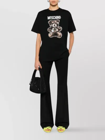 Moschino Flared High Waist Trousers With Satin Stripe In Black