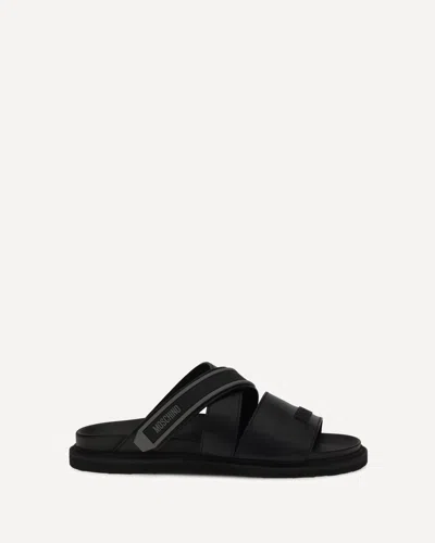 Moschino Flat Leather Sandals In Black