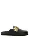 Moschino Flat Leather Sandals With Bold Logo Detail In Black