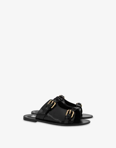 Moschino Flat  Buckle Sandals In Black