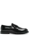Moschino Leather Square Toe Loafers With Stacked Heel In Black